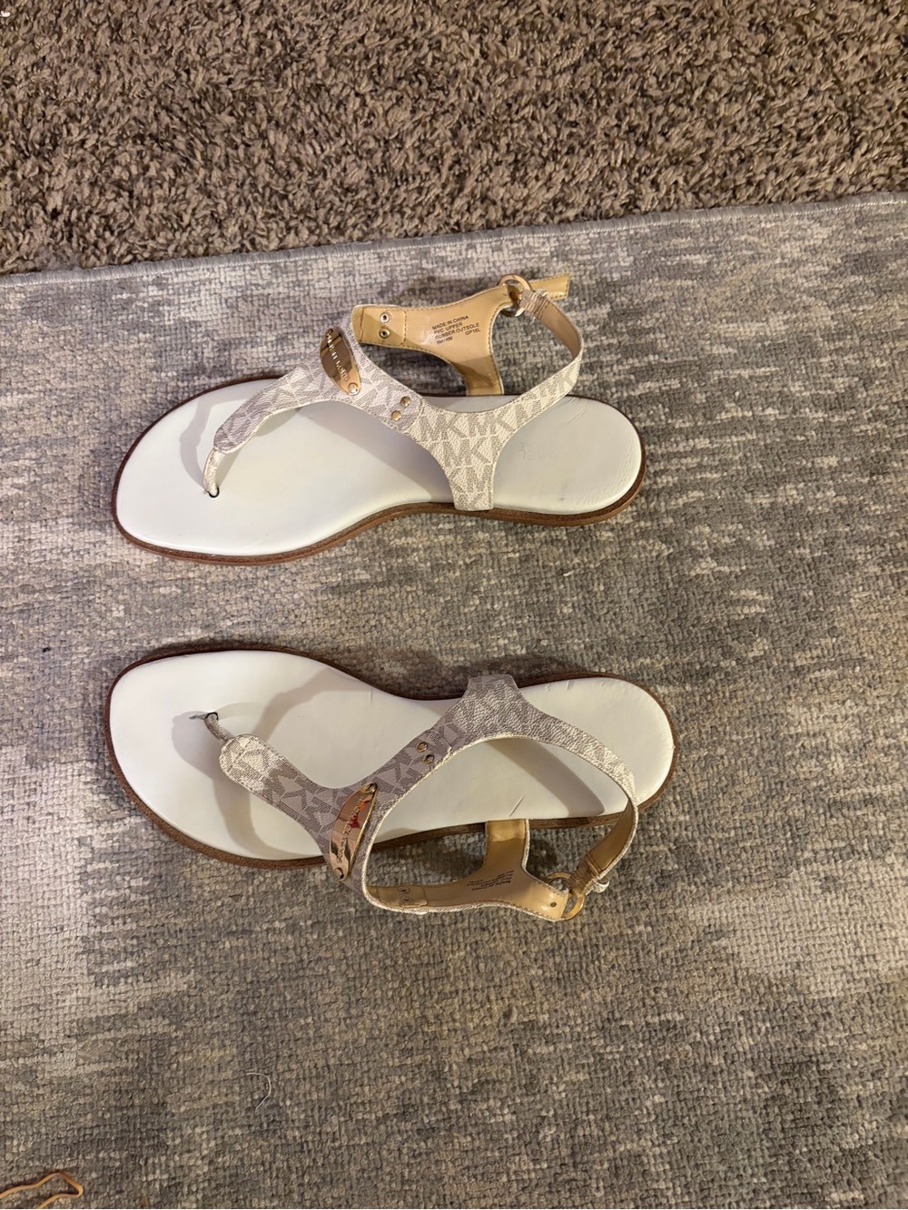 Michael Kors White and Gold Logo T-Strap Sandals - Picture 2 of 3